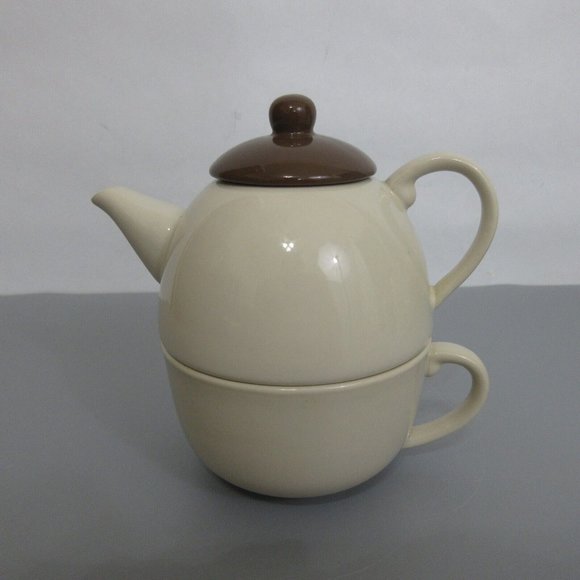 Stoneware Tea for One 3 pc Stackable Set with Teapot & Cup Cream w/Brown Lid - Picture 9 of 13